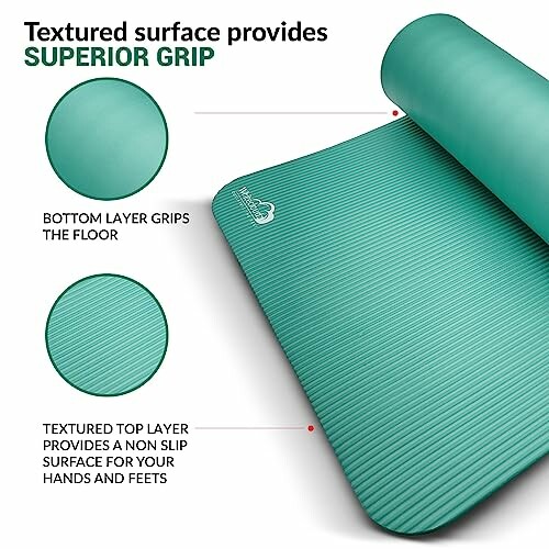 Green yoga mat with textured surface for superior grip, showing bottom layer for floor grip and top layer for non-slip surface.