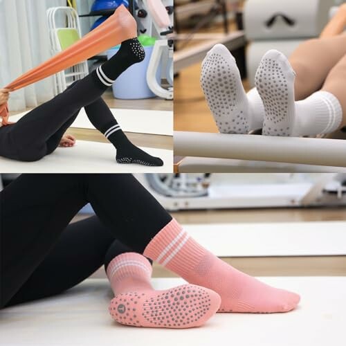People wearing grip socks during exercise.