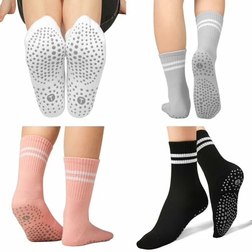 Four pairs of grip socks in different colors with non-slip soles.