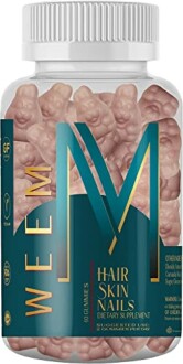 Bottle of gummy vitamins for hair, skin, and nails.