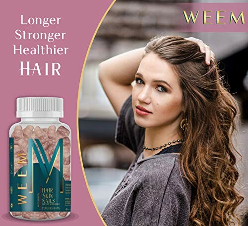 Woman promoting hair supplement for longer, stronger, healthier hair.