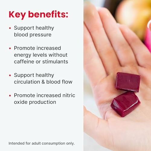 Hand holding two gummies with text listing key benefits for health.