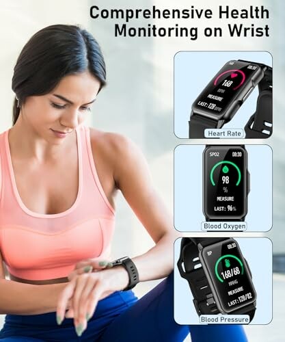 Woman using a smartwatch for health monitoring including heart rate, blood oxygen, and blood pressure.