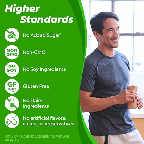 Man holding a drink, next to a list of product standards including no added sugar, non-GMO, no soy, gluten-free, no dairy, and no artificial additives.