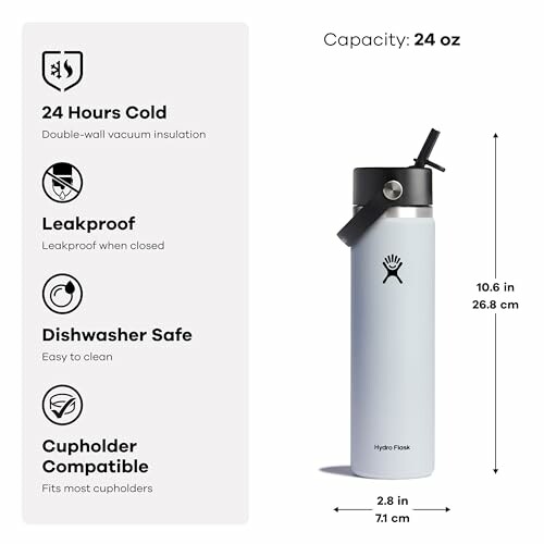 Hydro Flask water bottle with features: 24 hours cold, leakproof, dishwasher safe, cupholder compatible.