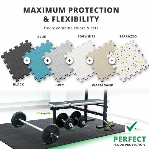 Interlocking floor mats in various colors for gym protection.