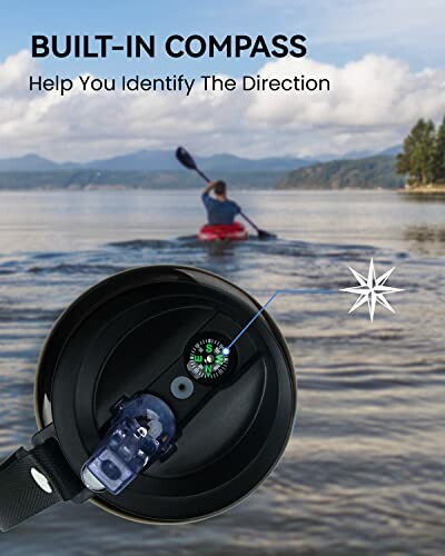 Person kayaking on a lake with a built-in compass feature highlighted.