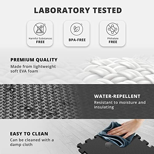 Laboratory tested mat with premium quality, water-repellent, and easy to clean features.