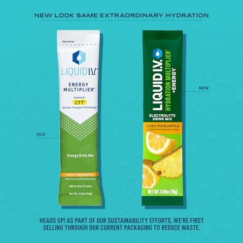 Comparison of old and new Liquid I.V. Energy Multiplier packaging, featuring yuzu pineapple flavor.