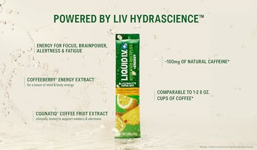 Liquid I.V. Energy Multiplier package with pineapple flavor and benefits description.