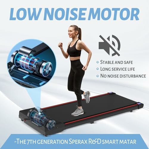 Woman running on a treadmill with a low noise motor.