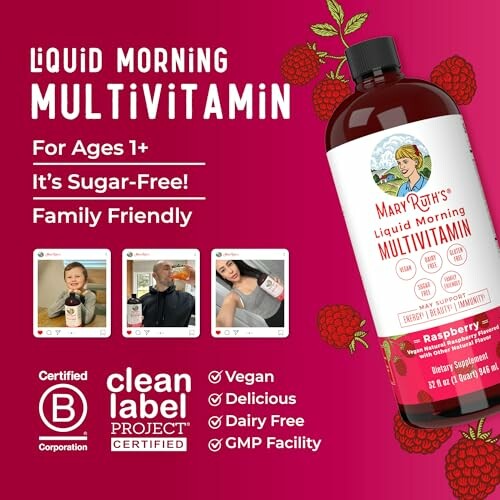 Mary Ruth's Liquid Morning Multivitamin advertisement highlighting features like sugar-free, vegan, and family-friendly.