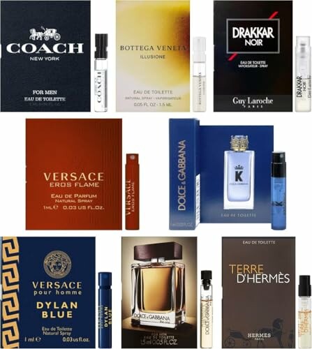 Collection of men's fragrance samples from various brands.