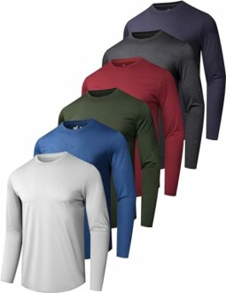 Set of men's long-sleeve t-shirts in various colors including white, blue, green, red, and dark gray.