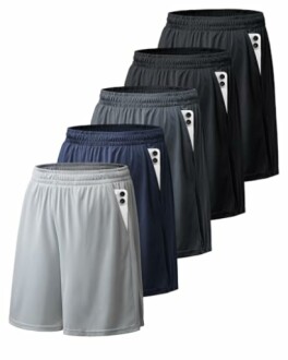 Set of five men's athletic shorts in different colors.