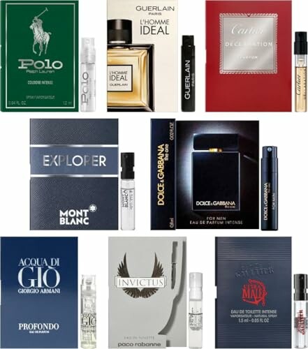 Collection of men's cologne samples and boxes.