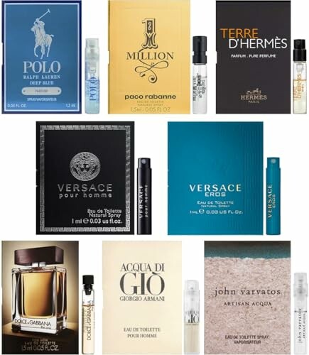 Collection of men's fragrance samples from various brands.