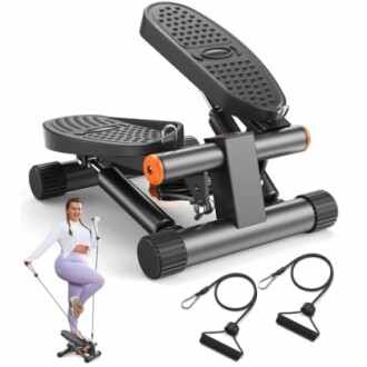 Compact mini stepper with resistance bands and a person demonstrating usage.