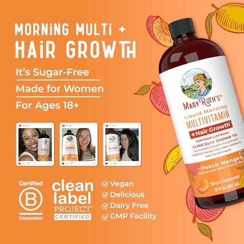 Mary Ruth's Hair Growth Multivitamin for women, sugar-free, vegan, peach mango flavor.