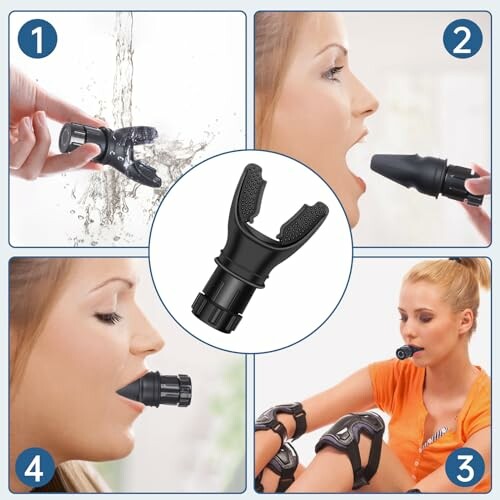 Person demonstrating a mouth exerciser in multiple steps.
