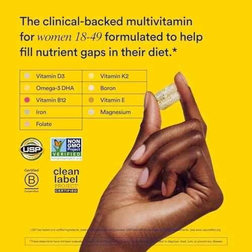 Hand holding vitamins with text about multivitamin benefits for women 18-49.