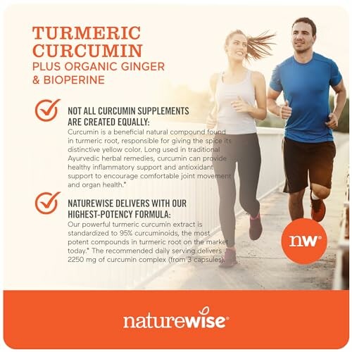 Naturewise Turmeric Curcumin supplement benefits and features.