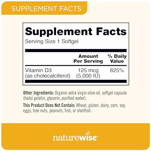 Supplement facts for NatureWise Vitamin D3 softgel.