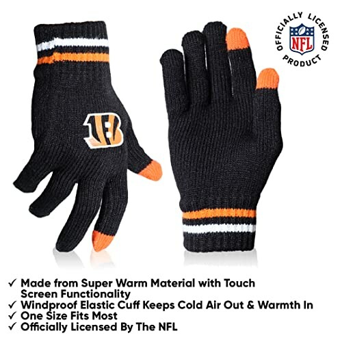 Black and orange NFL gloves with logo and features listed