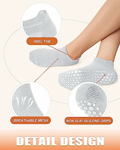 Detail design of no-show socks with heel tab, breathable mesh, and non-slip silicone grips.