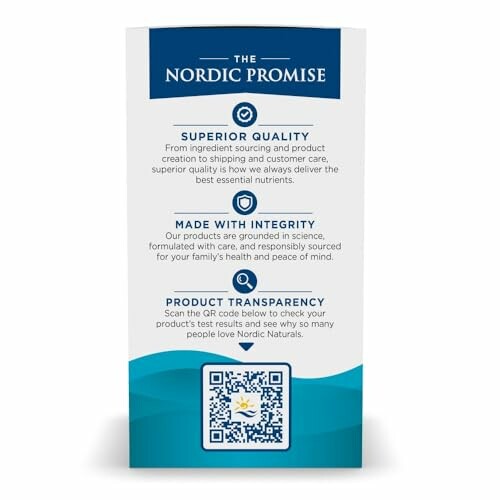 Nordic Promise card with quality, integrity, transparency messages and a QR code.