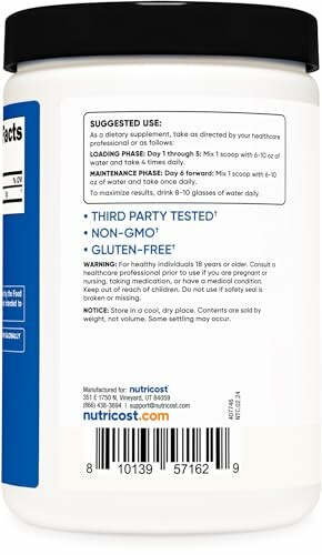 Back label of Nutricost supplement bottle showing suggested use, third-party testing, non-GMO, gluten-free claims.