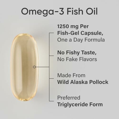 Omega-3 fish oil capsule with benefits listed: 1250 mg per capsule, no fishy taste, made from wild Alaska pollock, preferred triglyceride form.