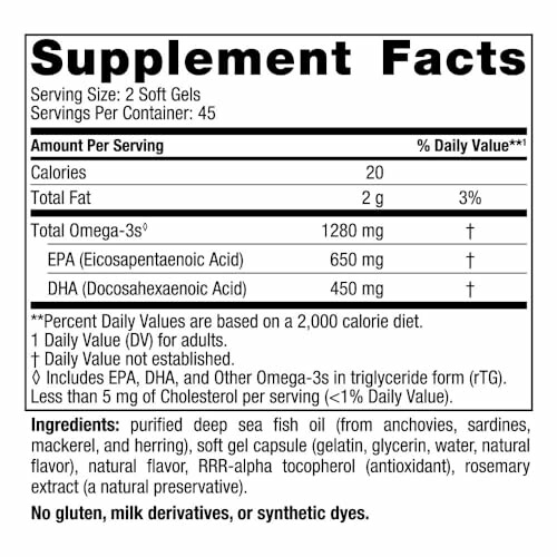Omega-3 supplement facts label detailing serving size, ingredients, and nutritional information.