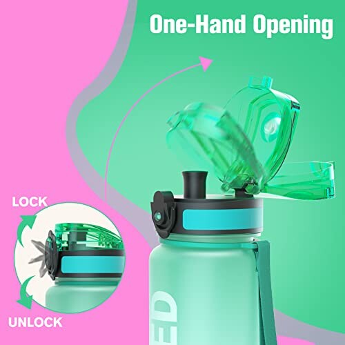 Water bottle with one-hand opening and lock mechanism.