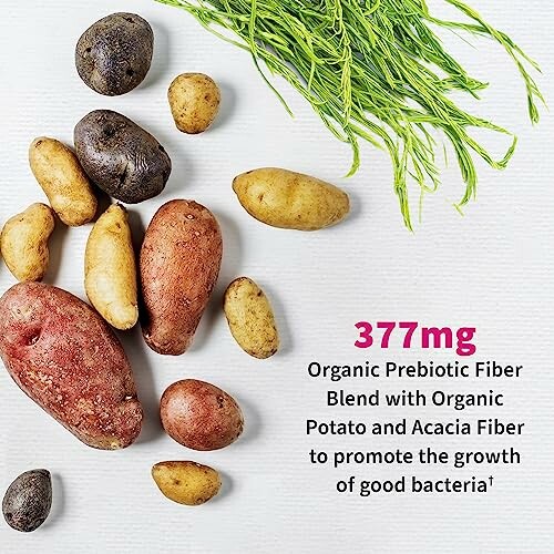 Assorted potatoes and herbs with text about organic prebiotic fiber blend.
