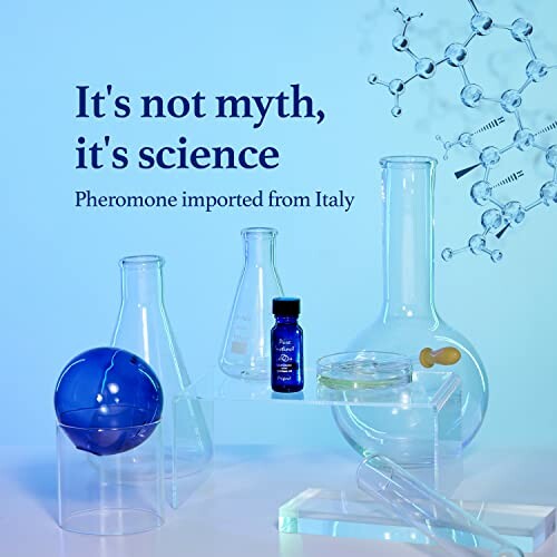 Laboratory glassware with pheromone bottle and molecular structure.