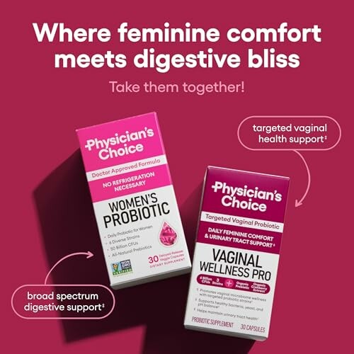 Two boxes of Physician's Choice probiotic supplements on a pink background.