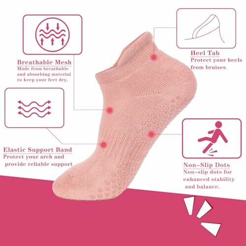 Pink sock with breathable mesh, heel tab, elastic support band, and non-slip dots.