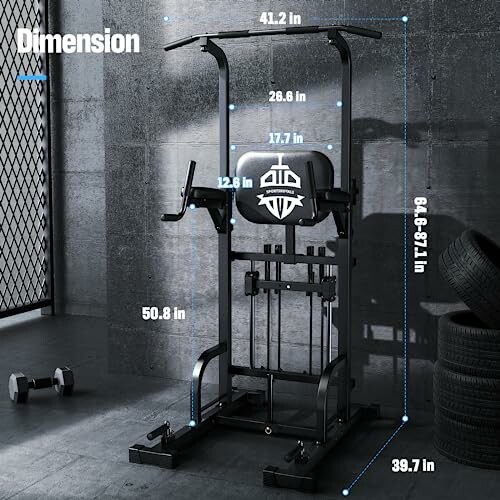 Power tower gym equipment with dimensions in a fitness room.