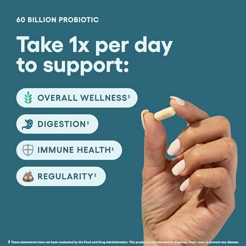 Hand holding a probiotic capsule with benefits listed: overall wellness, digestion, immune health, regularity.