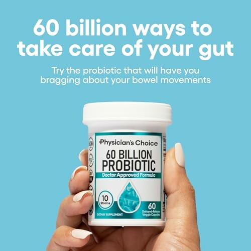 Hand holding a bottle of 60 billion probiotic supplement.
