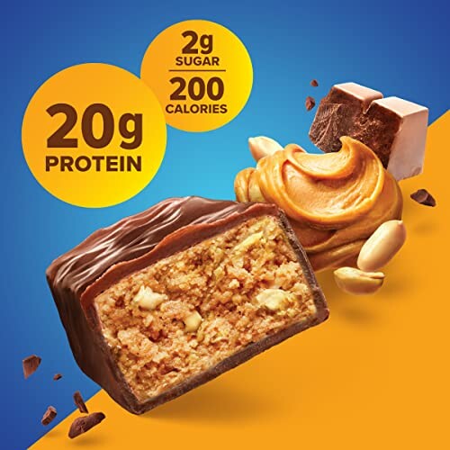 Protein bar with caramel and peanuts, 20g protein, 2g sugar, 200 calories.