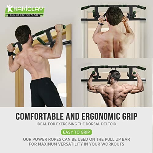 Man using pull-up bar for exercise with ergonomic grip.