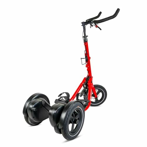 Red foldable electric scooter with three wheels.