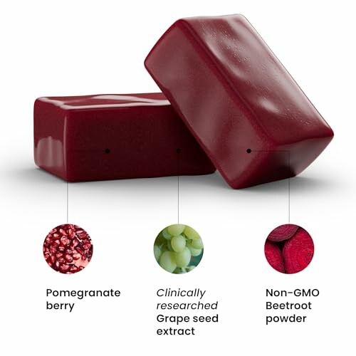 Two red supplement bars with pomegranate, grape seed extract, and beetroot.