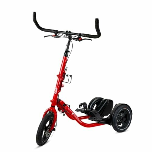 Red three-wheeled scooter with handlebars and seat.