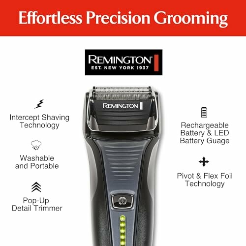 Remington electric shaver with features listed: Intercept Shaving Technology, Washable and Portable, Pop-Up Detail Trimmer, Rechargeable Battery & LED Battery Gauge, Pivot & Flex Foil Technology.