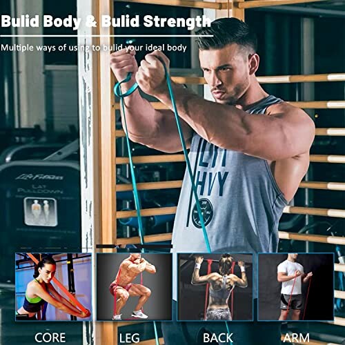 Man using resistance band for strength training with sections for core, leg, back, and arm exercises.