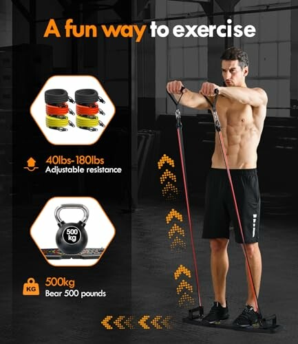Man using resistance bands for exercise, featuring adjustable resistance and 500kg weight support.