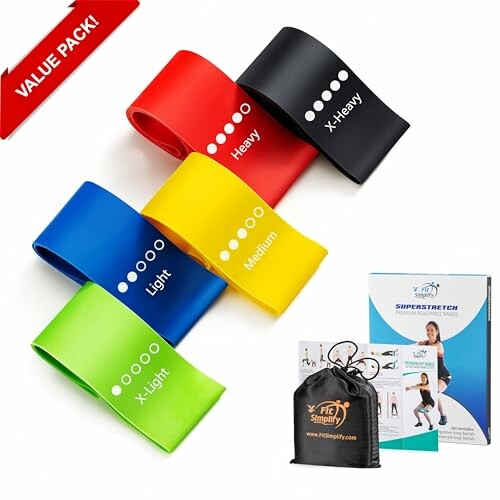 Colorful resistance bands set with varying strengths, box, and carrying pouch.